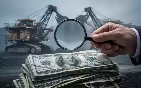 Eine Hand hält eine Lupe über einem Stapel Dollarnoten, im Hintergrund verschwommene Bergbauausrüstung. - Foto: über boerse-global.de