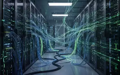 Futuristischer Serverraum mit leuchtenden Datenströmen und komplexen Glasfaserkabeln, die zwischen Server-Racks verlaufen. - Foto: über boerse-global.de