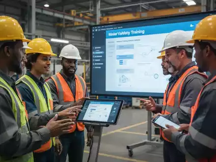Arbeitnehmer in Schutzkleidung nehmen an einer digitalen Sicherheitsschulung in einem modernen Industrieumfeld teil. - Foto: über boerse-global.de