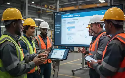 Arbeitnehmer in Schutzkleidung nehmen an einer digitalen Sicherheitsschulung in einem modernen Industrieumfeld teil. - Foto: über boerse-global.de