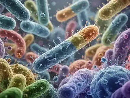 Nahaufnahme eines Mikrobioms unter dem Mikroskop, farbenfroh und abstrakt, das Gesundheit und Bakterien darstellt. - Foto: über boerse-global.de