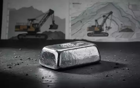 Ein glänzender Silberbarren ruht auf einer dunklen Oberfläche, im Hintergrund verschwommen Bergbauausrüstung. Das Bild vermittelt einen Rückgang. - Foto: über boerse-global.de