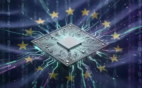 Ein detaillierter Mikrochip, umgeben von digitalen Datenströmen und einem angedeuteten EU-Flaggenumriss, symbolisiert KI-Regulierung. - Foto: über boerse-global.de