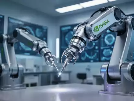 Ein fortschrittlicher KI-Roboterarm von NVIDIA führt eine präzise Aufgabe in einem Hightech-Labor aus, umgeben von digitalen Daten. - Foto: über boerse-global.de