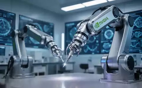 Ein fortschrittlicher KI-Roboterarm von NVIDIA führt eine präzise Aufgabe in einem Hightech-Labor aus, umgeben von digitalen Daten. - Foto: über boerse-global.de