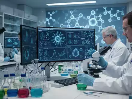 Wissenschaftler in einem Labor, die medizinische Daten auf Bildschirmen und wissenschaftliche Geräte untersuchen. - Foto: über boerse-global.de