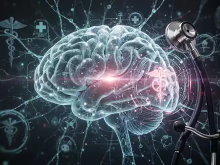 A stylized brain graphic made of neural networks, overlaid with subtle medical symbols, interacting with a glowing digital interface. - Foto: über boerse-global.de