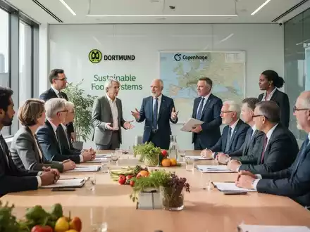 Eine Gruppe von Fachleuten und Beamten diskutiert an einem Tisch über nachhaltige Ernährungssysteme und Klimaschutzstrategien. - Foto: über boerse-global.de