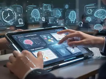 Hände eines Schülers interagieren mit einem Tablet, das Lerninhalte zeigt, umgeben von digitalen Lernwerkzeugen und KI-Symbolen. - Foto: über boerse-global.de