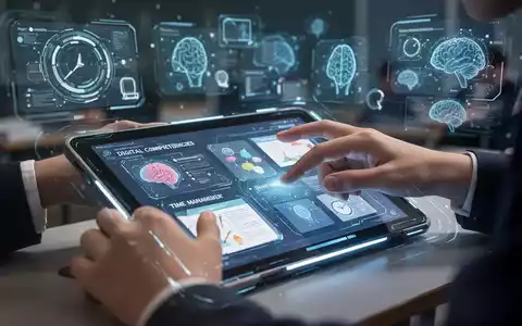 Hände eines Schülers interagieren mit einem Tablet, das Lerninhalte zeigt, umgeben von digitalen Lernwerkzeugen und KI-Symbolen. - Foto: über boerse-global.de