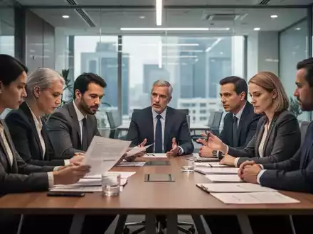 Eine vielfältige Gruppe von Menschen sitzt an einem Konferenztisch und diskutiert ernsthaft, ein Dokument betrachtend. - Foto: über boerse-global.de
