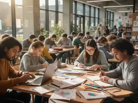 Eine vielfältige Gruppe von Menschen jeden Alters schreibt und arbeitet kreativ in einem sonnendurchfluteten Gemeinschaftsraum. - Foto: über boerse-global.de
