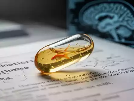 Eine durchsichtige Fischölkapsel liegt auf einem wissenschaftlichen Papier mit verschwommenem Text und einem Gehirnscan im Hintergrund. - Foto: über boerse-global.de