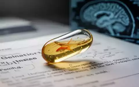 Eine durchsichtige Fischölkapsel liegt auf einem wissenschaftlichen Papier mit verschwommenem Text und einem Gehirnscan im Hintergrund. - Foto: ĂŒber boerse-global.de
