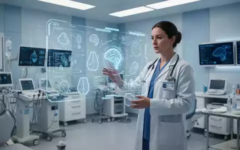 Healthcare professional using a holographic interface with medical data and AI symbols in a modern clinic setting. - Foto: über boerse-global.de