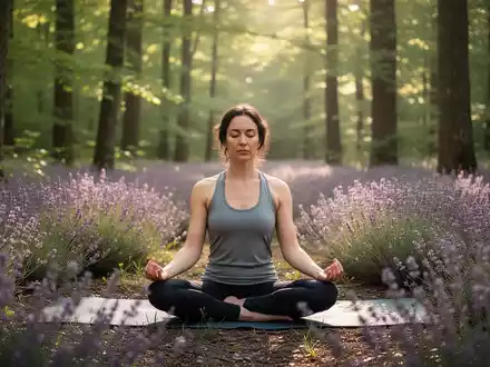Eine Person praktiziert Yoga oder meditiert in einem ruhigen Wald oder Lavendelfeld bei Sonnenlicht, symbolisiert Achtsamkeit und Naturverbindung. - Foto: über boerse-global.de