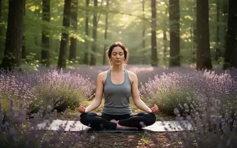 Eine Person praktiziert Yoga oder meditiert in einem ruhigen Wald oder Lavendelfeld bei Sonnenlicht, symbolisiert Achtsamkeit und Naturverbindung. - Foto: über boerse-global.de