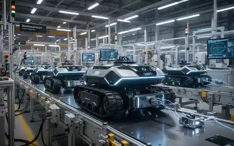 Advanced unmanned ground vehicles (UGVs) being assembled in a modern, well-lit German factory, symbolizing robotics development. - Foto: über boerse-global.de