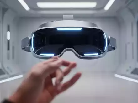A futuristic VR/AR headset with glowing blue accents, against a high-tech background, with a hand making a pinch gesture. - Foto: über boerse-global.de