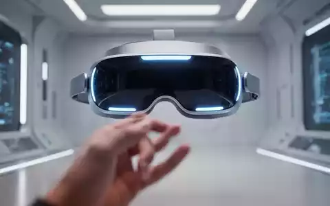 A futuristic VR/AR headset with glowing blue accents, against a high-tech background, with a hand making a pinch gesture. - Foto: über boerse-global.de