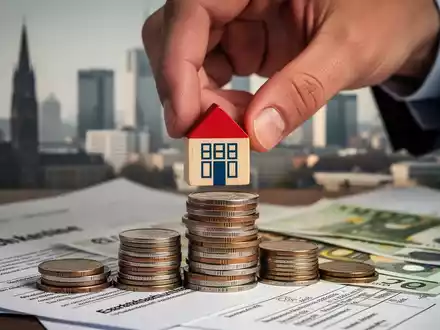 Eine Hand platziert ein kleines Haus auf einem Stapel Münzen, mit verschwommenen Finanzdokumenten im Hintergrund. - Foto: über boerse-global.de