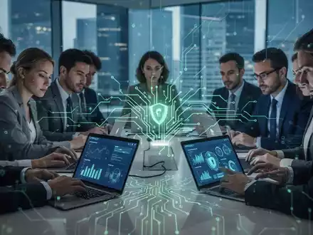 Professionals working on data privacy and security, with digital interfaces and circuit patterns symbolizing compliance and protection. - Foto: über boerse-global.de