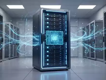 Ein futuristisches Server-Rack mit blauen Lichtern und abstrakten Datenströmen in einem Rechenzentrum. - Foto: über boerse-global.de