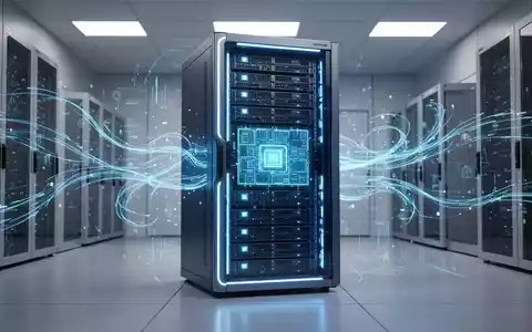Ein futuristisches Server-Rack mit blauen Lichtern und abstrakten Datenströmen in einem Rechenzentrum. - Foto: über boerse-global.de
