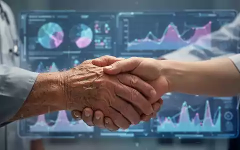 Eine ältere Hand hält sanft eine jüngere Hand, mit verschwommenen digitalen Gesundheitsdaten im Hintergrund. - Foto: über boerse-global.de