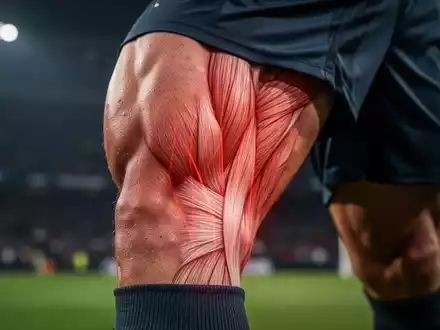 Nahaufnahme des Oberschenkels eines Fußballspielers mit angedeuteten Muskelverletzungen, fokussiert auf die Hamstrings. - Foto: über boerse-global.de