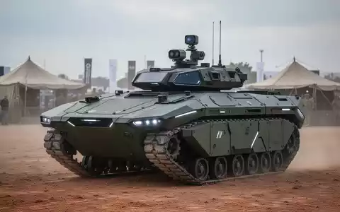 A sleek, futuristic autonomous military ground vehicle with advanced sensors on a dusty field, resembling a defense fair display. - Foto: über boerse-global.de