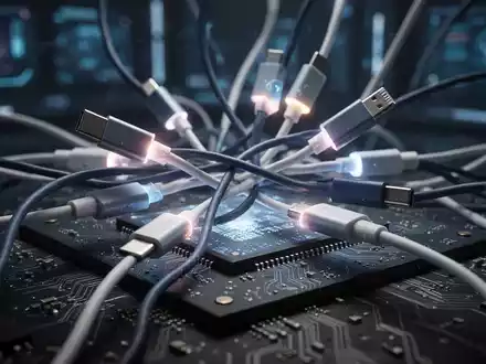 A close-up of tangled USB-C cables connected to a circuit board, symbolizing hardware vulnerabilities and data transfer. - Foto: über boerse-global.de