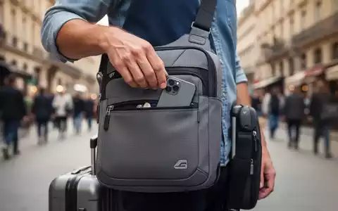 Eine Hand schließt eine moderne Anti-Diebstahl-Umhängetasche, in der ein Smartphone sichtbar ist, vor dem Hintergrund einer belebten Stadt. - Foto: über boerse-global.de
