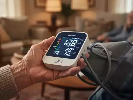 Eine ältere Hand hält ein digitales Blutdruckmessgerät, das Werte anzeigt, im Hintergrund ein unscharfes Wohnzimmer. - Foto: über boerse-global.de