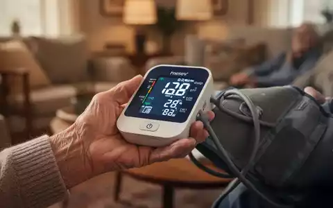 Eine ältere Hand hält ein digitales Blutdruckmessgerät, das Werte anzeigt, im Hintergrund ein unscharfes Wohnzimmer. - Foto: über boerse-global.de
