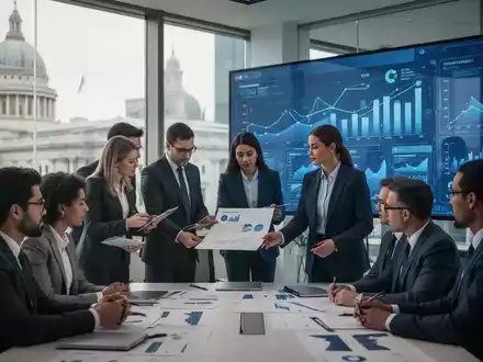 Finanzfachleute in einem modernen Büro, die Dokumente prüfen und an einem großen Bildschirm zusammenarbeiten. - Foto: über boerse-global.de