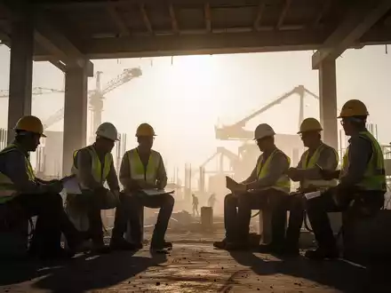 Bauarbeiter in Schutzkleidung machen eine Pause im Schatten auf einer heißen Baustelle, mit dunstigem Himmel im Hintergrund. - Foto: über boerse-global.de