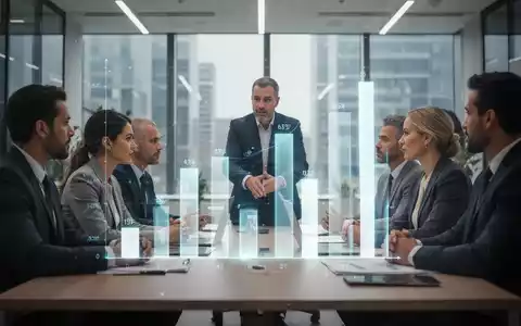 Eine Gruppe von Geschäftsleuten verhandelt in einem modernen Büro. Eine digitale Einblendung zeigt Gehaltsdaten, die Transparenz und Ungleichheit andeuten. - Foto: über boerse-global.de