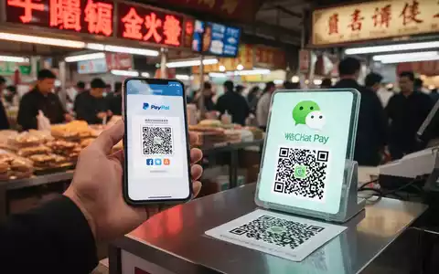 A smartphone displaying a PayPal QR code, ready to scan a WeChat Pay QR code in a market setting. - Foto: über boerse-global.de