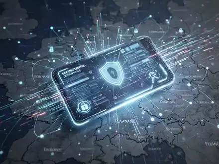 A glowing digital wallet interface superimposed over a map of Germany and France, symbolizing digital identity and connectivity. - Foto: über boerse-global.de