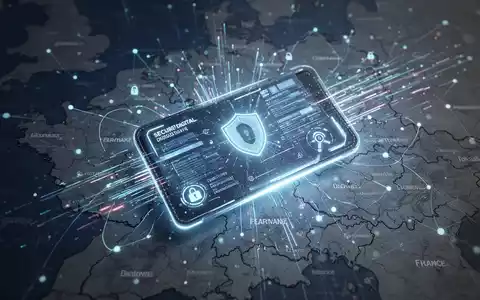 A glowing digital wallet interface superimposed over a map of Germany and France, symbolizing digital identity and connectivity. - Foto: über boerse-global.de