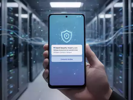 Ein Samsung Galaxy A57 Smartphone, das in einer Hand gehalten wird und eine Sicherheits-Update-Benachrichtigung anzeigt. Im Hintergrund sind verschwommene Server zu sehen. - Foto: über boerse-global.de