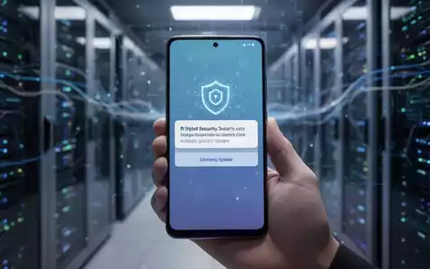 Ein Samsung Galaxy A57 Smartphone, das in einer Hand gehalten wird und eine Sicherheits-Update-Benachrichtigung anzeigt. Im Hintergrund sind verschwommene Server zu sehen. - Foto: über boerse-global.de