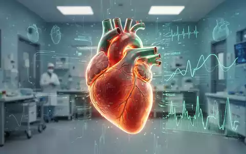 Ein stilisiertes, leuchtendes Herzmodell, umgeben von digitalen Datenströmen und medizinischen Grafiken in einem modernen Krankenhaus. - Foto: über boerse-global.de