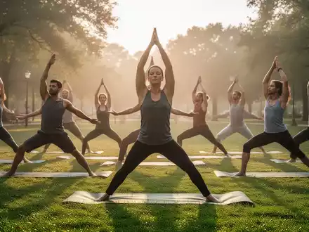 Eine Gruppe von Menschen praktiziert Yoga im Freien in einer friedlichen Parklandschaft bei Sonnenaufgang. - Foto: über boerse-global.de