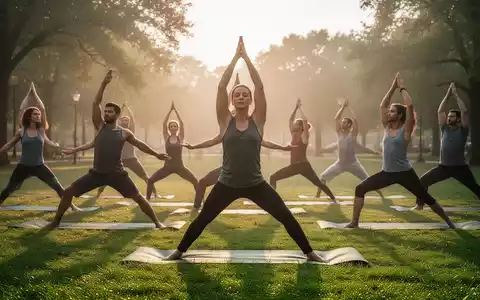 Eine Gruppe von Menschen praktiziert Yoga im Freien in einer friedlichen Parklandschaft bei Sonnenaufgang. - Foto: über boerse-global.de