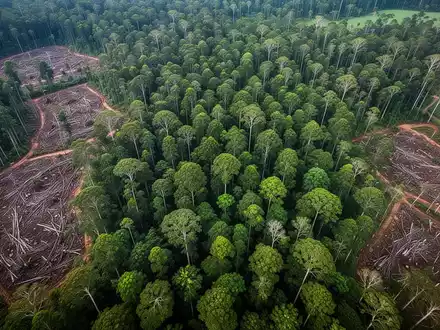 Luftaufnahme eines Regenwaldes, der teilweise abgeholzt wurde, um Platz für landwirtschaftliche Flächen zu schaffen, was Umweltzerstörung symbolisiert. - Foto: über boerse-global.de