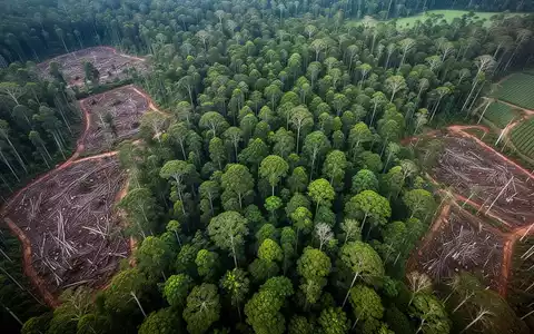 Luftaufnahme eines Regenwaldes, der teilweise abgeholzt wurde, um Platz für landwirtschaftliche Flächen zu schaffen, was Umweltzerstörung symbolisiert. - Foto: über boerse-global.de