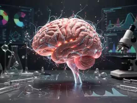 Ein stilisiertes Gehirnmodell mit leuchtenden neuronalen Verbindungen, umgeben von wissenschaftlichen Instrumenten und Datenvisualisierungen. - Foto: über boerse-global.de