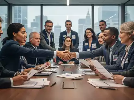 Eine Gruppe von Arbeitnehmervertretern und Gewerkschaftsmitgliedern bespricht Dokumente und schüttelt Hände an einem Konferenztisch. - Foto: über boerse-global.de